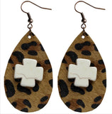 White Stone Cross Leopard Teardrop Earrings (2 Colors Available)