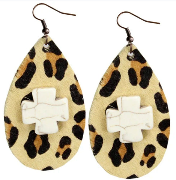 White Stone Cross Leopard Teardrop Earrings (2 Colors Available)