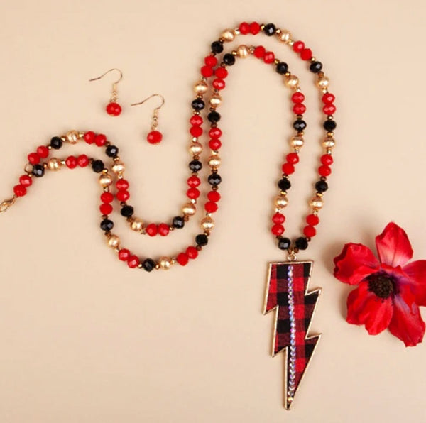 Red Buffalo Plaid Beaded Necklace with Bonus Matching Earrings