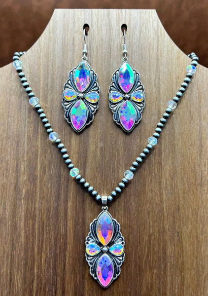 Western - Beaded Geometric Necklace with Matching Earrings (2 Styles Available)