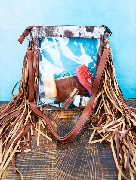 Cow Print - Clear Fringe Crossbody Bag (2 Color Choices)