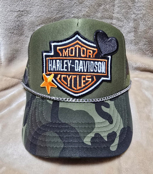 Handcrafted Camo Motorcycles Trucker's Cap with Hat Chain