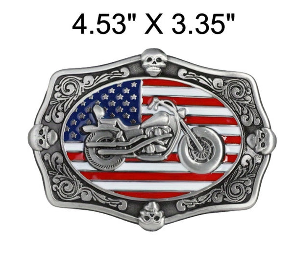 Engraved American Flag & Motorcycle Belt Buckle (Colorful)