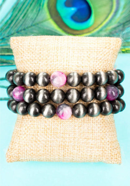 Odessa Silvertone & Fuchsia Navajo Pearl Bracelet Set