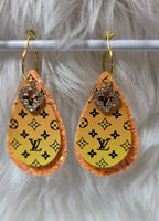 Orange Yellow Ombre & Black Interchangeable Teardrop Earrings with Rhinestone Charms