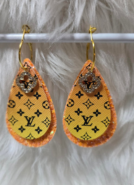 Orange Yellow Ombre & Black Interchangeable Teardrop Earrings with Rhinestone Charms
