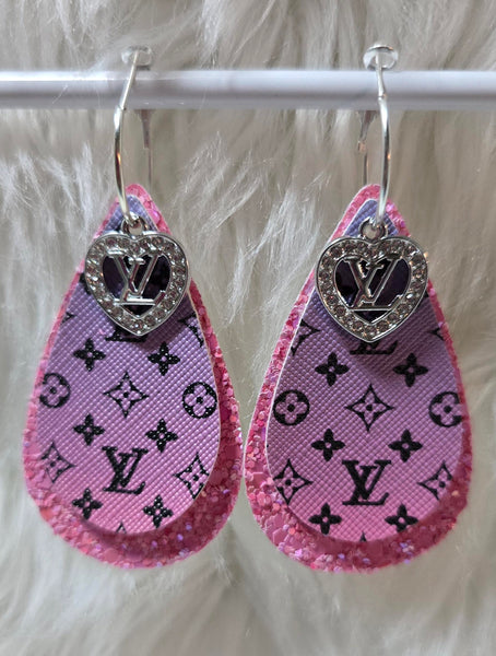 Lavender Pink Ombre & Black Interchangeable Teardrop Earrings with Rhinestone Charms