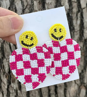 Chic Seed Bead Checkered Heart Earrings with Smiley Face Posts (2 Color Choices)