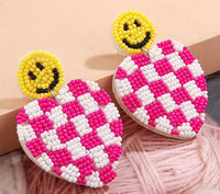 Chic Seed Bead Checkered Heart Earrings with Smiley Face Posts (2 Color Choices)