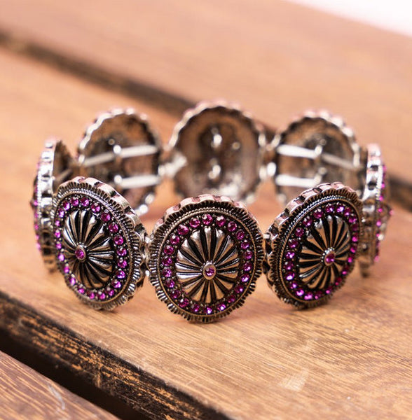 Western - Littleton Pink Concho Silvertone Bracelet