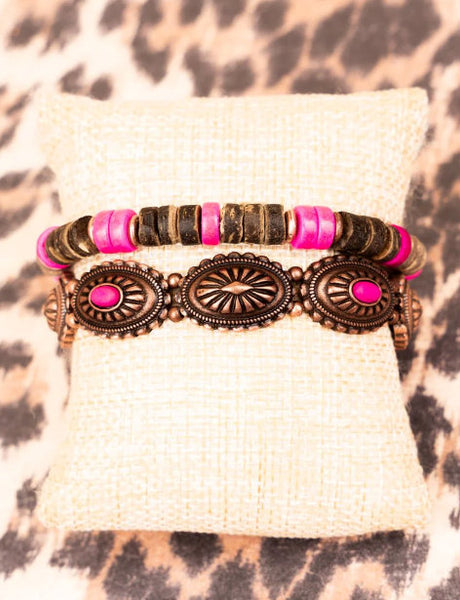 Western - Pink Concho & Wood Beaded Coppertone Bracelet Set