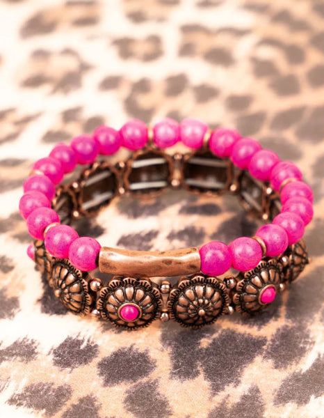 Western - Pink Concho & Beaded Bracelet Set