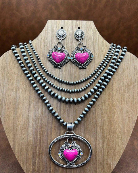 Western - 4 Layer Beaded Heart Necklace with Matching Earrings (2 Colors Available)