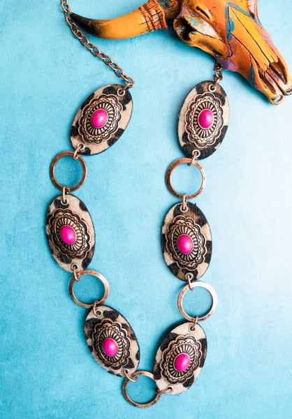 Pink Western Concho & Leopard Oval Necklace