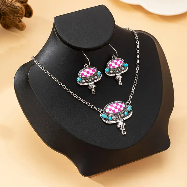 Western Boho Steer Necklace with Matching Earrings
