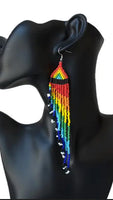 Boho-Chic Rainbow Beaded Long Cascading Tassel Earrings