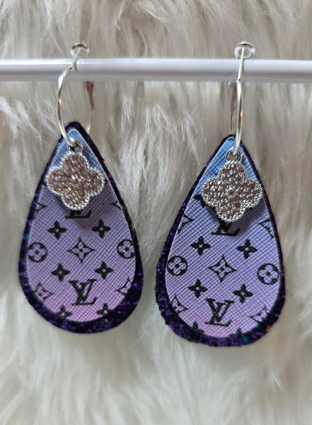 Lavender Ombre & Black Interchangeable Teardrop Earrings with Rhinestone Charms