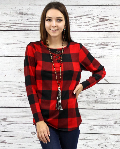 Black & Red Buffalo Plaid Long Sleeve Criss Cross Top With Lace Accent