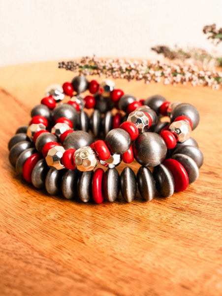Western - Red & Silver Navajo Pearl Beaded Bracelet Set