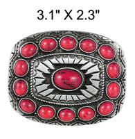 Western Style Engraved Concho with Red Stones Belt Buckle