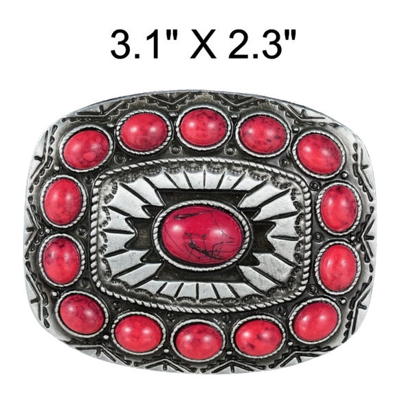 Western Style Engraved Concho with Red Stones Belt Buckle