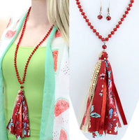Red Floral Tassel Necklace Set
