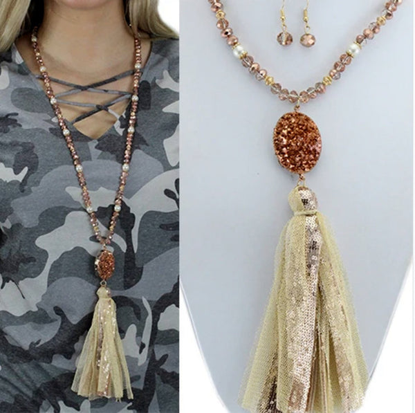 Rose Gold Natural Stone Tassel Necklace Set