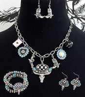 Western Checkered Steer Skull Charm Necklace, Earrings, & Bracelet