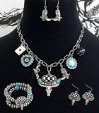 Western Checkered Steer Skull Charm Necklace, Earrings, & Bracelet