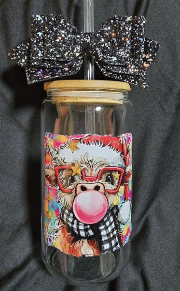 CHRISTMAS "Cute Christmas Cow" Glass Tumbler 16oz Cup/Beer Can