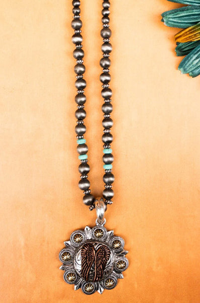 Silvertone with Two-Tone Wings Concho Navajo Inspired Pearl Necklace