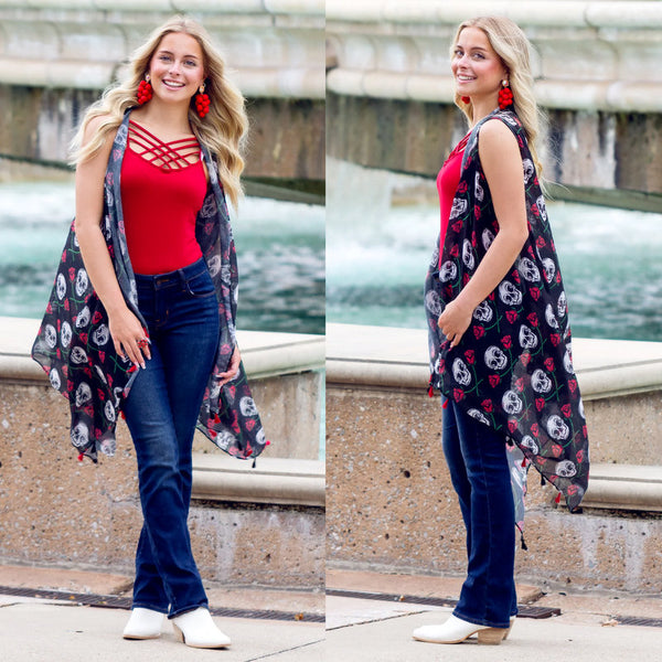 Skulls & Roses Vest/Cover Up with Tassels