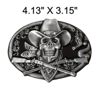 Western Style Engraved Skull & Guns Belt Buckle