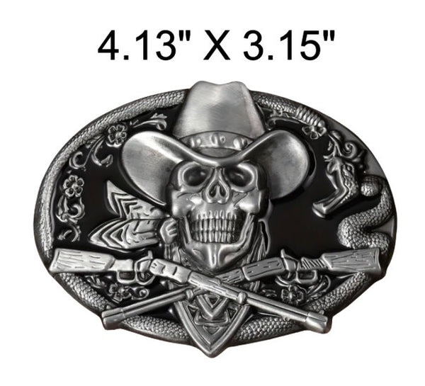 Western Style Engraved Skull & Guns Belt Buckle