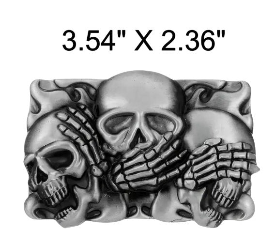 Engraved Skulls "Hear, Speak, & See No Evil" Belt Buckle