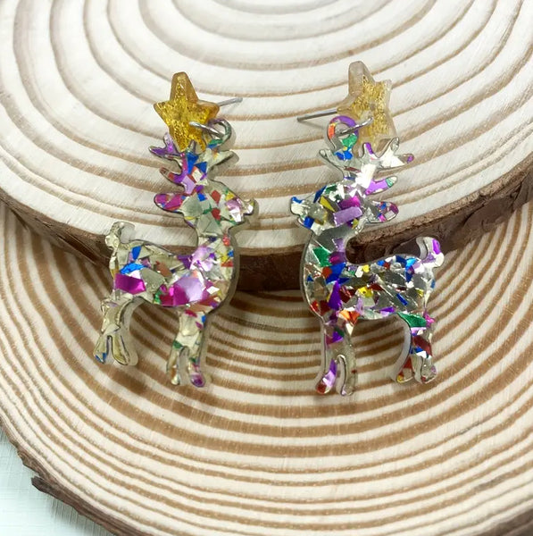 Christmas - Small Glitter Acrylic Reindeer Earrings