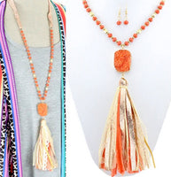 Coral Natural Stone Tassel Necklace Set