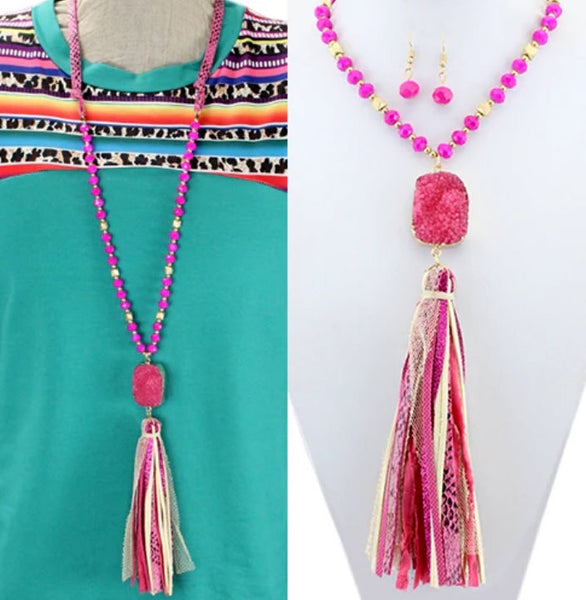 Fuchsia Natural Stone Tassel Necklace Set