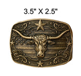 Western Style Engraved Longhorn with Flag Design Buckle (2 Colors Available)