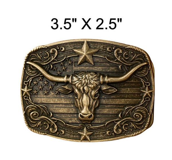 Western Style Engraved Longhorn with Flag Design Buckle (2 Colors Available)