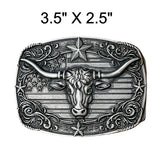 Western Style Engraved Longhorn with Flag Design Buckle (2 Colors Available)