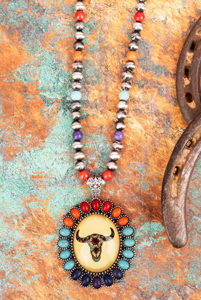 Mandala Steer Skull Multi-Color & Silver Pearl Necklace