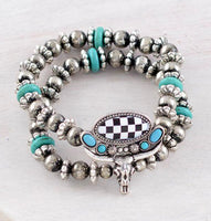 Western Checkered Steer Skull Charm Necklace, Earrings, & Bracelet