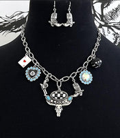 Western Checkered Steer Skull Charm Necklace, Earrings, & Bracelet