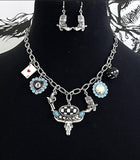 Western Checkered Steer Skull Charm Necklace, Earrings, & Bracelet