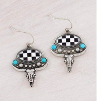 Western Checkered Steer Skull Charm Necklace, Earrings, & Bracelet