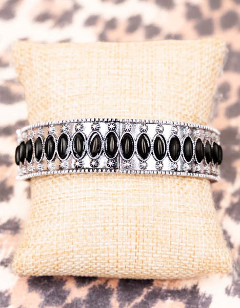 Western - Sun Village Black Silvertone Stretch Bracelet