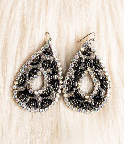 Crystal Trimmed Silver Leopard Seed Bead Teardrop Earrings