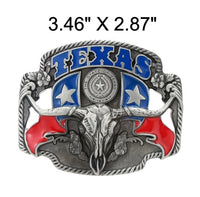 Western Style Engraved Longhorn with Texas Flag Design Buckle (Colorful)