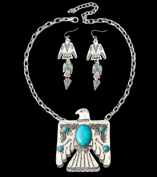 Western Turquoise Thunderbird Necklace with Coordinating Earrings